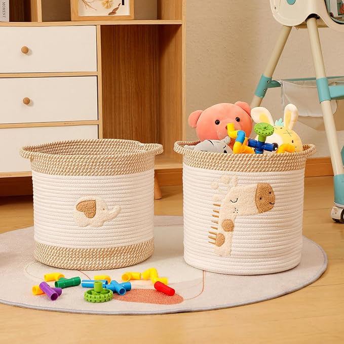 INough Toy Storage Baskets Woven Cotton Rope Storage Basket for Kids, Blanket Baskets for Living Room Toys Organizer with Embroidery Decor, Cute Baskets with Handle for Nursery, Playroom (Giraffe)