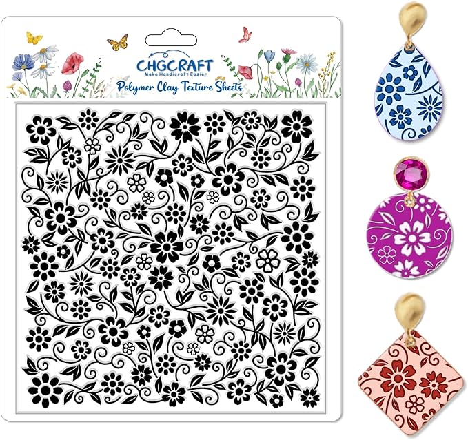 CHGCRAFT Vine Flowers Pattern Polymer Clay Texture Sheet Curly Plants and Leaves Silicone Texture Mat for Polymer Clay Making Earrings Jewelry DIY Crafts 5.5 × 5.5 Inch