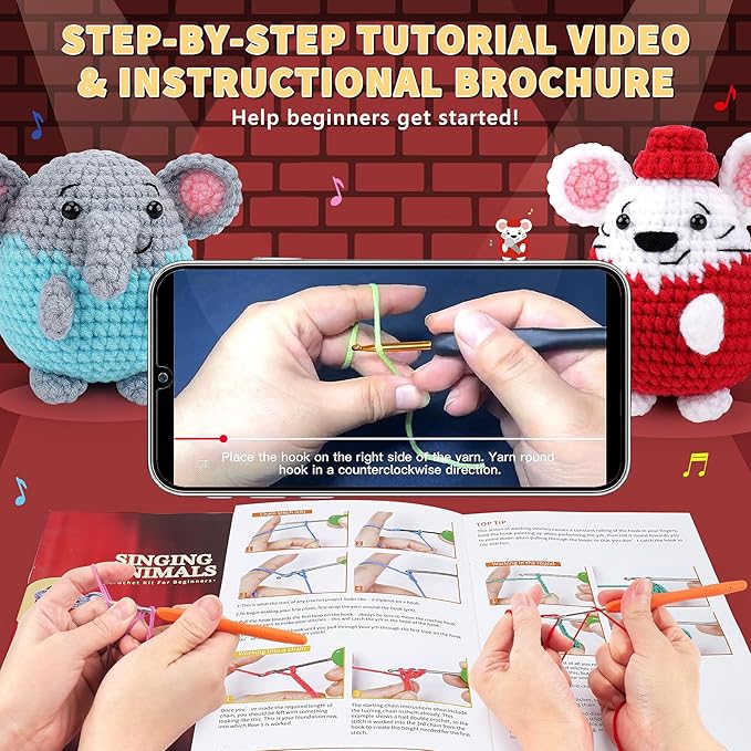 Crochet Kit for Beginners - 4 PCS Crochet Starter Kit with Step-by-Step Video Tutorials, for Adults Kids - Elephant Mouse Pig Koala Microphone Crocheting Set