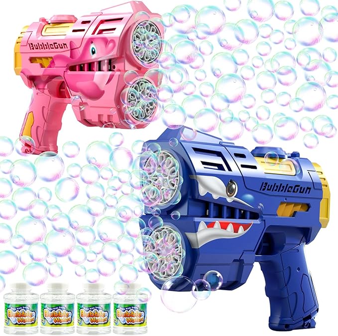 2 Pack Bubble Guns for Kids, LED Light Up Rechargeable Bubbles Machine Blower with 4 Bottles Refill Solution, Toddlers 4-8 Wedding Birthday Easter Party Gift
