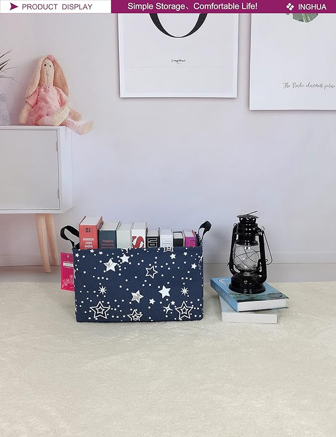 Rectangular Storage Basket Fabric Organizer Bin for Toys,Books,Clothes,Gifts,Pets-Perfect for Home,Office,Nursery,Dorm,Shelf(Rec-Blue star )
