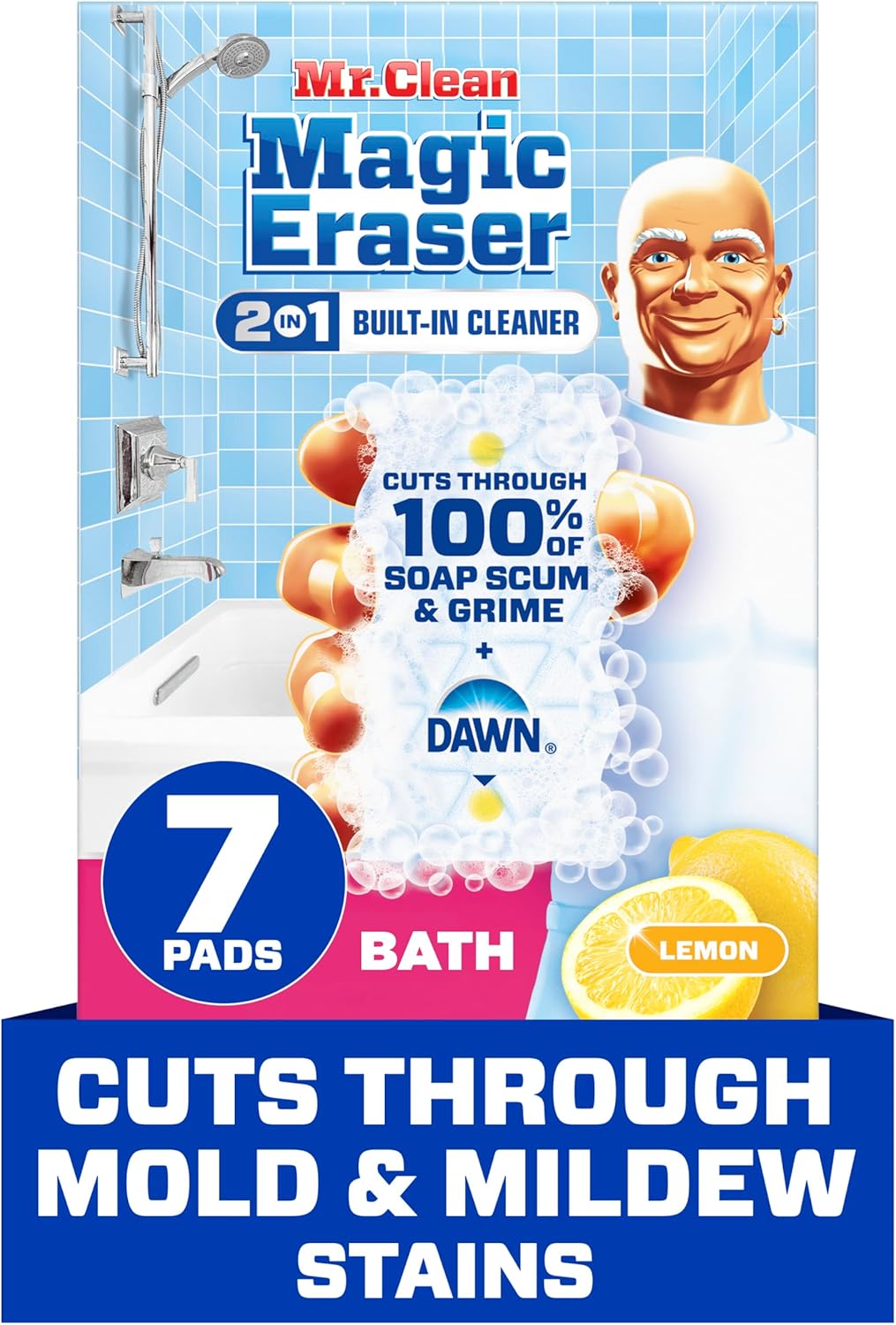 Mr. Clean Magic Eraser Sponge, Bathroom Cleaner, Soap Scum Shower & Tub Cleaner, 2 in 1 Bath, 7ct