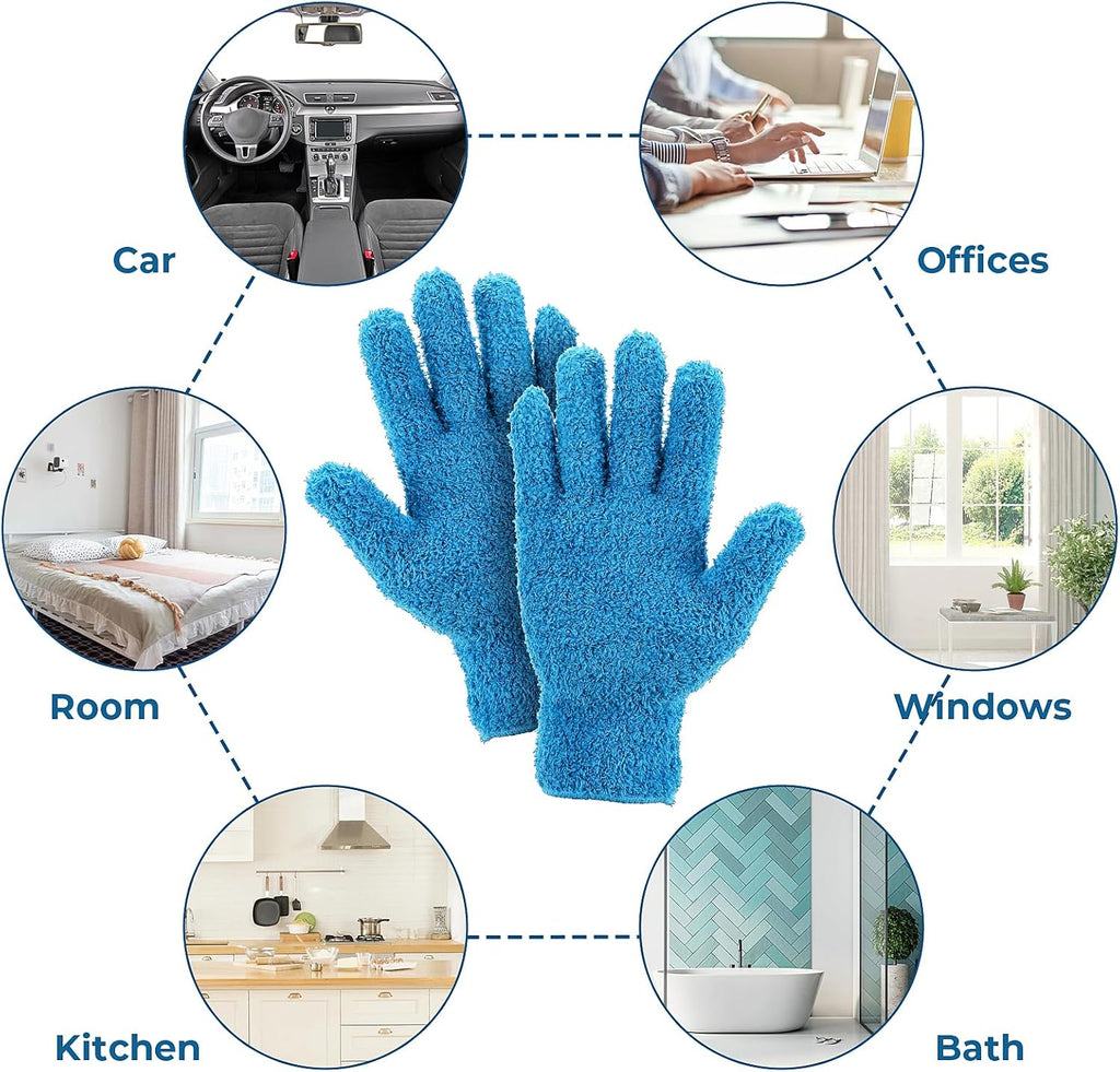 2 Pairs Microfiber Gloves Household Cleaning Glove Plant Dusting Glove Washable Reusable Mittens Gloves for Plants House Cars Blinds Dusting Furniture and Small Objects (Blue)