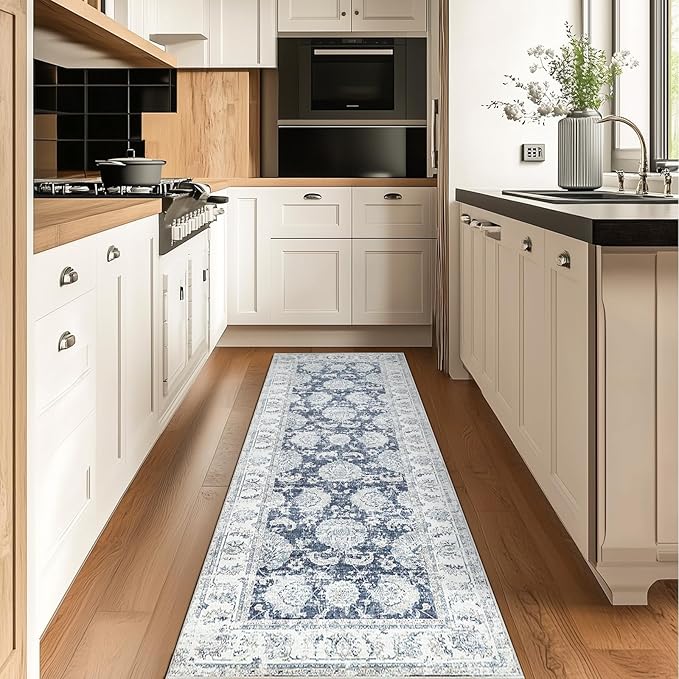 jinchan Runner Rug 2x5 Machine Washable Hallway Rug Dark Blue Vintage Floral Print Non-Slip Low Pile Ultra-Thin for Kitchen,Entryway,Laundry Room,Bedroom,Farmhouse (2‘x5’,Dark Blue)