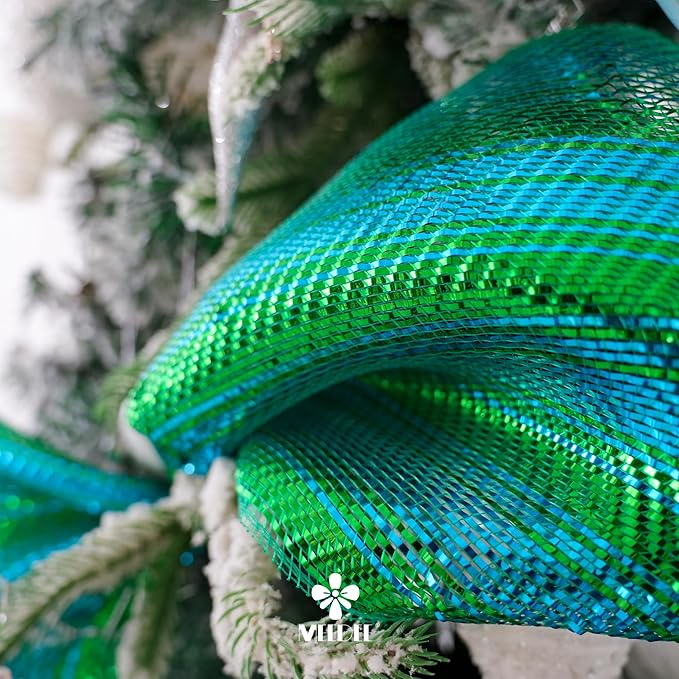 MEEDEE Peacock Ombre Deco Mesh 10 Inch Deluxe Wide Foil Metallic Xmas Mesh Christmas Tree Ribbon Ombre Mesh Ribbon for Christmas Tree, Wreaths, Garland, Gift Wrapping, Bows Making (30 Feet)