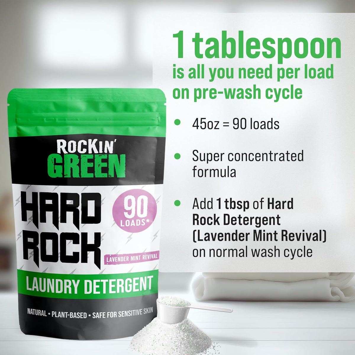 Rockin' Green Hard Rock Laundry Detergent for Hard Water (90 Loads), Plant based, Natural Laundry Detergent Powder, Biodegradable Odor Fighter, Safe for Sensitive Skin, 45 oz (Smashing Watermelons)