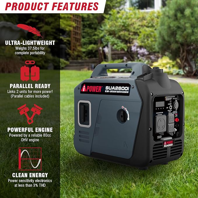 A-iPower Quiet Inverter Generator, 2600W RV Ready, EPA & CARB Compliant CO Sensor, Portable Ultra-Light Weight For Backup Home Use, Tailgating & Camping (SUA2600i)