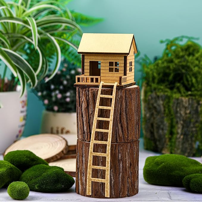 Mini Wooden Treehouse with Ladder – Plant Mini Treehouse, Miniature Flower Pot Tree House, Fairy Garden House, Rustic Log Cabin Desktop Ornament