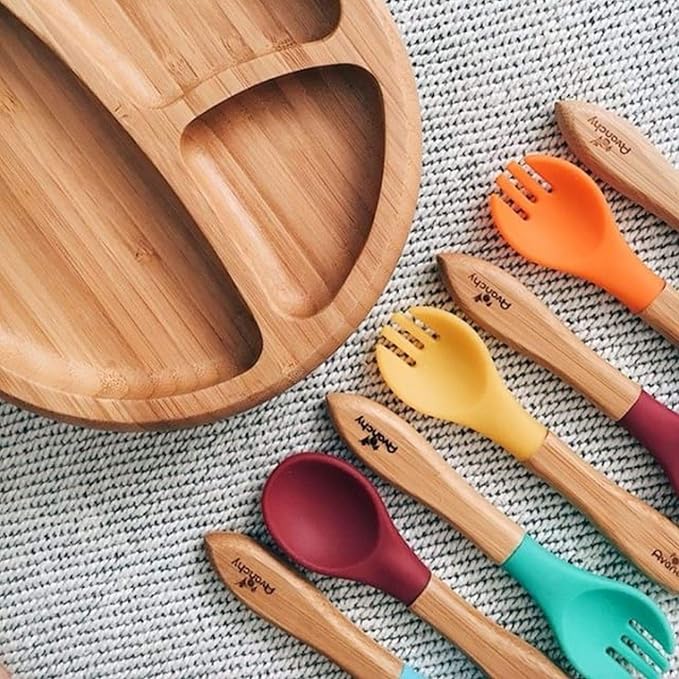 Avanchy Baby Fork Set, Bamboo and Silicone Spork Utensils, Toddler Baby Led Weaning Silverware Cutlery Flatware, Kids First Self Feeding