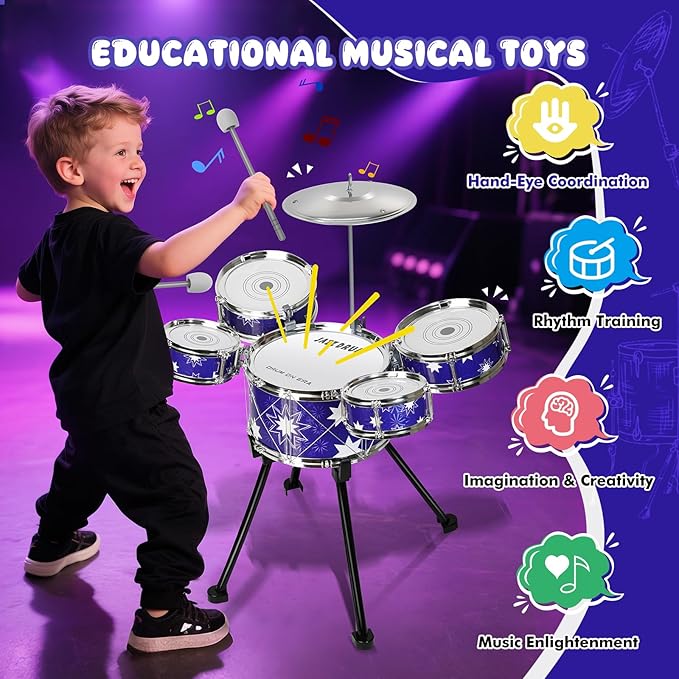 Upgraded Drum Set for Toddler Toy Ages 2-4 Kids Jazz Drums Kit with Stool Musical Instrument Toys for 3 4 5 Year Old Girls Boys Gifts