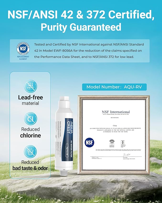 AQUA CREST RV Water Filter, RV Inline Water Filter with NSF Certified, Reduces Chlorine, Bad Taste and Odor, Ideal for Garden and Camper (Filter 4 Pack with Hose Protector)