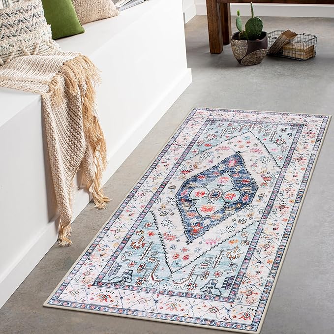 Lahome Boho Round Rug - 7Ft Washable Area Rug, Non-Slip Small Bathroom Rug, Lightweight Bedroom Throw, Oriental Distressed Print Carpet for Entryway, Sofa, Nursery, Kids Room