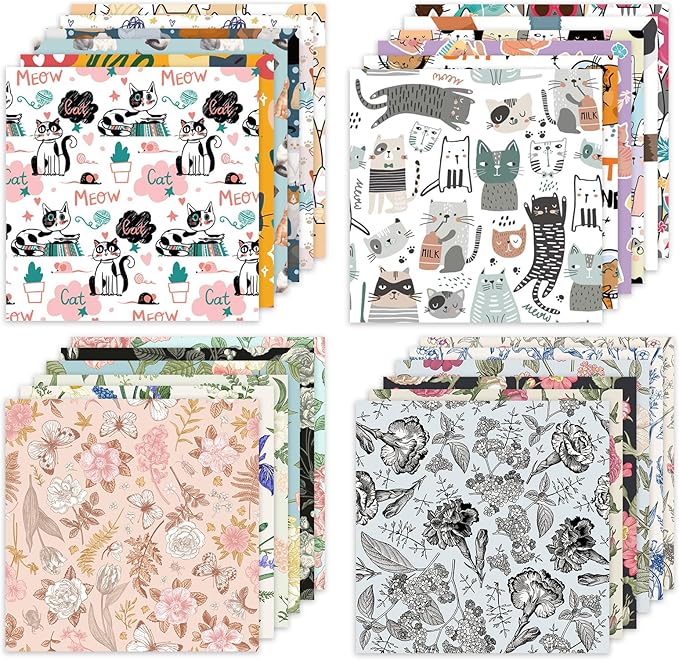 48 Sheets 24 Designs Scrapbook Paper Pad, 6"×6" Single-Sided Decopodge Craft Cardstock Paper,Scrapbooking DIY Decorative Background Cardmaking Supplies.Cat's Life&Flowers