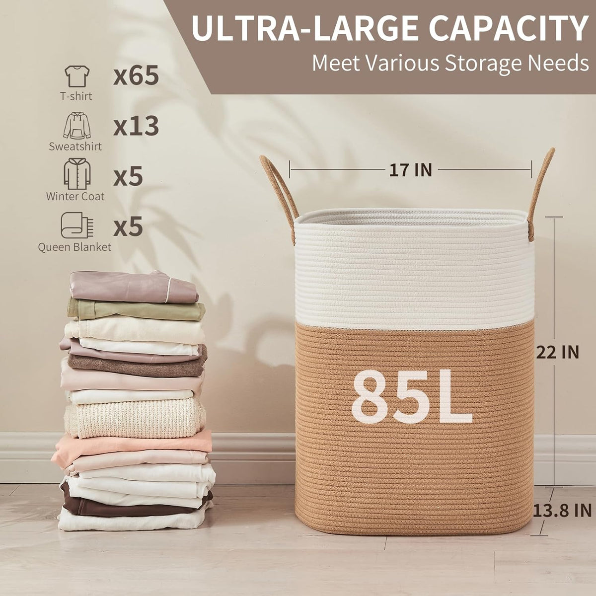 Laundry Basket with Handles - Blanket Basket & Hampers for Bedroom Aesthetic, Laundry Hamper & Blanket Storage for Living Room, Clothes Hamper, Tall, Large 17" x 14" x 22”, White & Jute