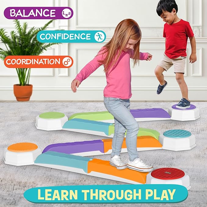 Balance Beam and Toddler Stepping Stones for Kids 13 Pieces, Jumping Stepping Stones Balance Beam, Sensory Play Toys for Toddlers, Indoor or Outdoor Play, Easy Stackable Storage