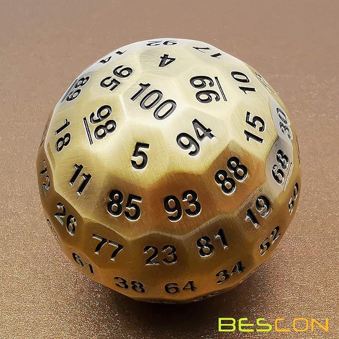Bescon Solid Metal 100 Sided Dice, Game Dice D100, Giant Polyhedral Metal 100 Sides Dice 50MM in Diameter (1.97in), Ancient Brass