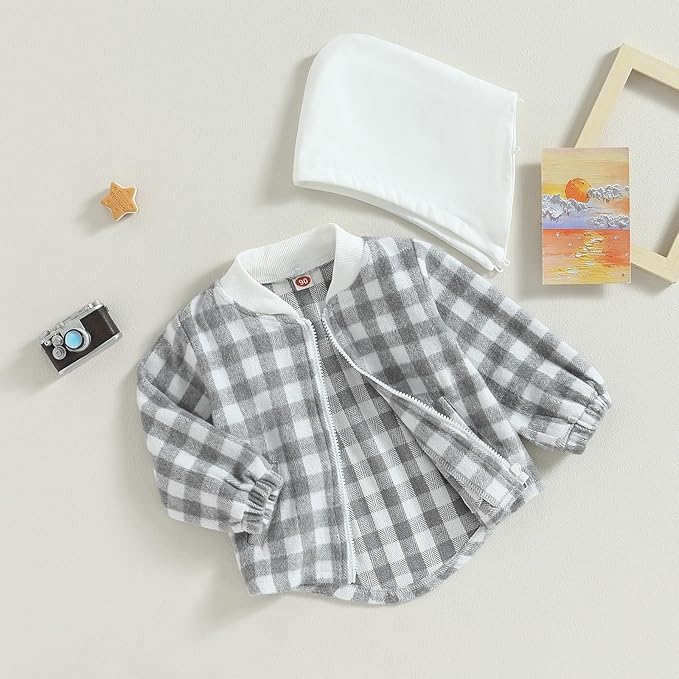 Douhoow Toddler Baby Plaid Jacket Baby Boy GIrl Flannel Hoodies Zip Up Hooded Fall Winter Outerwear Coat