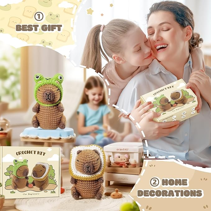 Capybara Crochet Kit for Beginners, 2PCS Capybara with Frog and Bread Hats Crochet Animal Kit with Step-by-Step Video Tutorials, Starters Crocheting Kits, Stuffed Animals Knitting Kit for Kids Adults