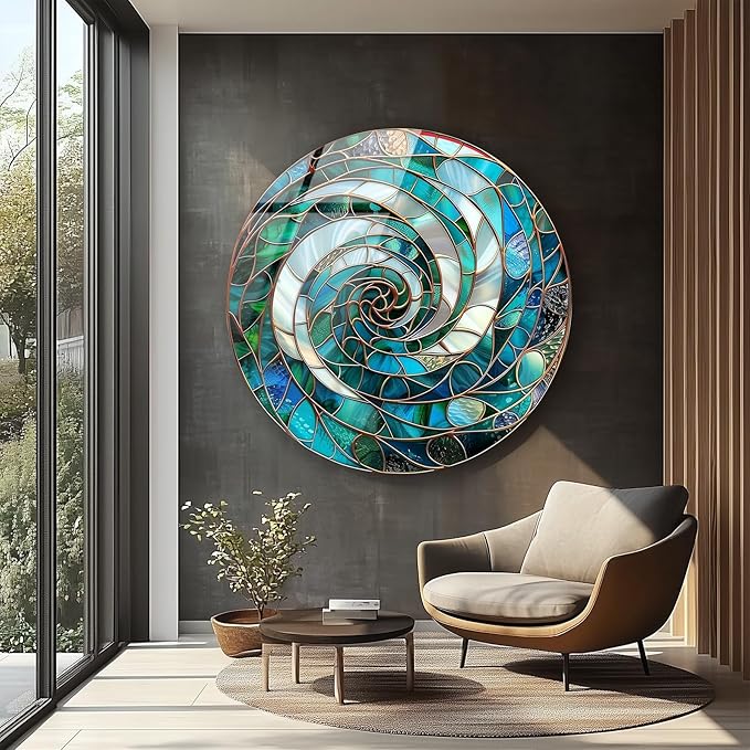My Photostation.com 27.5''(70cm) Diameter Aqua Spiral Harmony Round Glass Wall Art Tempered Glass Printing Wall Decor Large Wall Art Wall Hangings