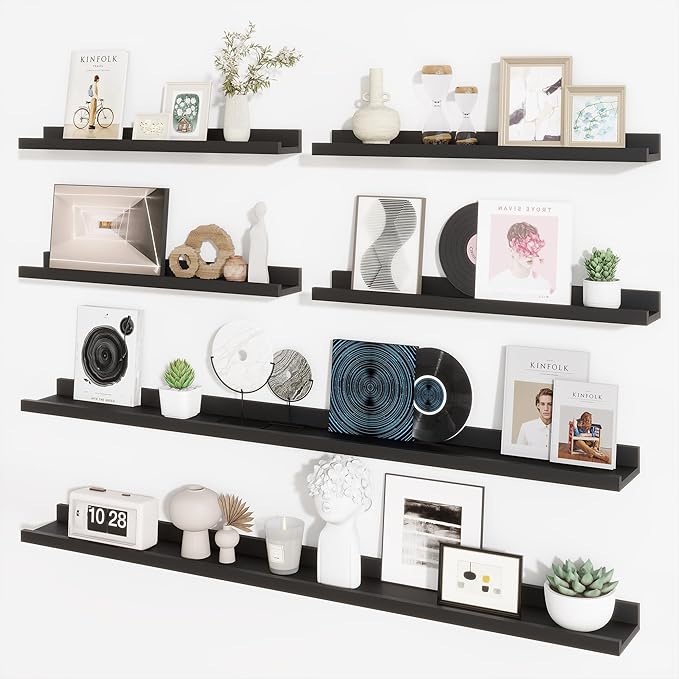 Axeman Picture Ledge Shelf, Floating Shelves for Wall Decor Storage Set of 6, 55 inch Floating Wall Mounted Shelves, Wall Shelves with Lip for Living Room, Bedroom, Nursery, Bathroom, Kitchen, Black