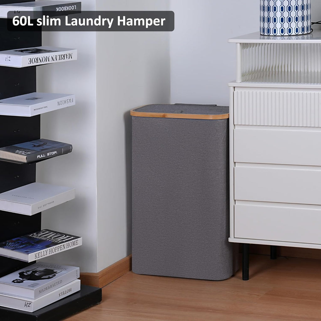 Slim Laundry Basket,60L Laundry Hamper with Lid, Tall Hamper for Laundry,Dirty Cloth Hamper with Bamboo Handle for Toys,Towels, Clothes Organizing,Grey