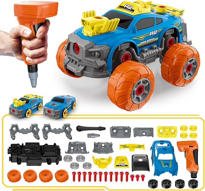 3-in-1 Construction Car for Boys Ages 3+ Years Old, Take Apart Car with Electric Drill, 46 Pcs Cars Building Kit, Build Your Own Toy Cars with Tools, Ideal STEM Present for Kids Children(Blue)