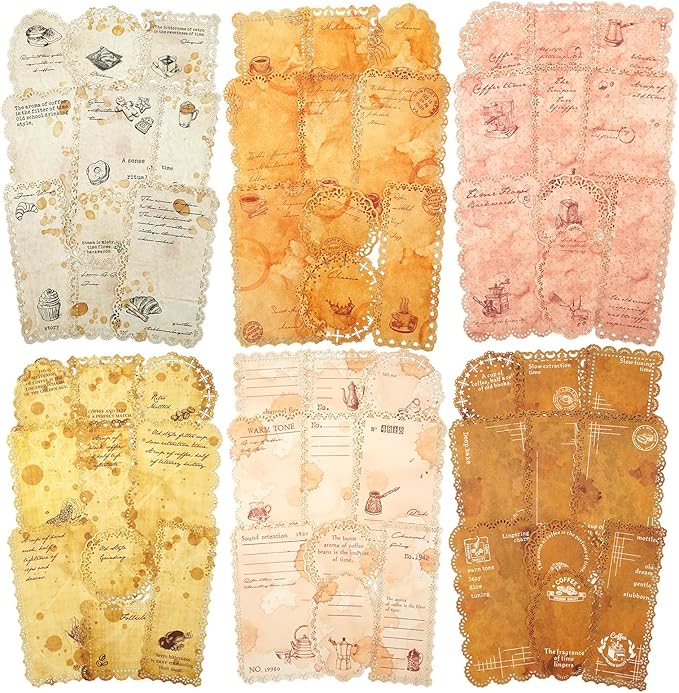 Coffee-Themed Lace Paper Set, 60 PCS Retro Lightweight Journaling Paper for Scrapbooking, DIY Crafts, Card Making, and Planners
