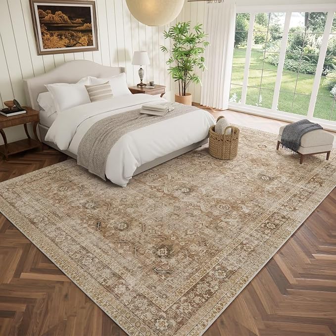 Washable 10x14 Area Rugs for Living Room, Boho Non-Slip Silicone Backing Rugs for Bedroom Dining Room Office, 0.3" Neutral Oriental Throw Carpet with 0.16" Cushioning Pad, Brown/Multi