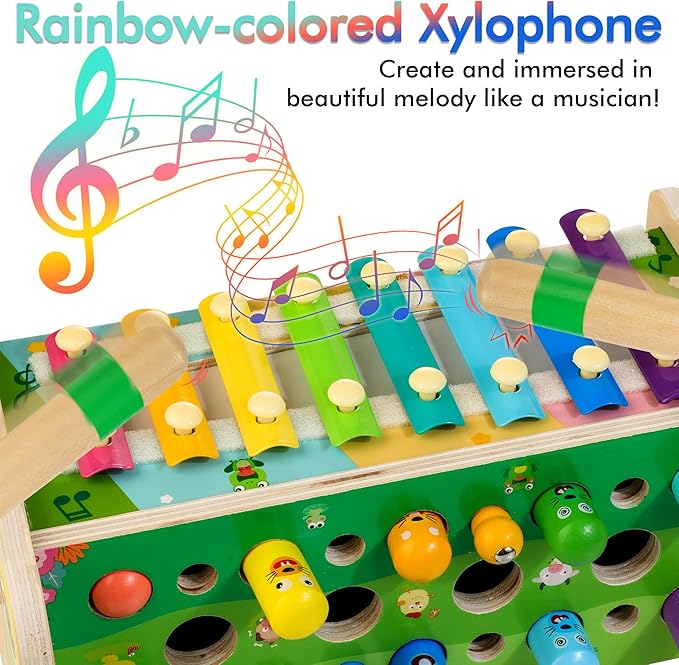 6-IN-1 Wooden Montessori Toys for 1 Year Old, Mole-Tapping Game | Play the Xylophone | Frog Clock | Carrot Harvest Game | Spinning Gear, Toddler Toys Aged 1-4, Baby Toy Gift for Early Learning