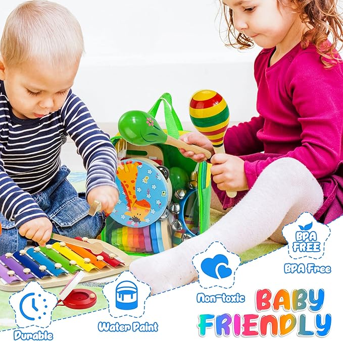 Kids Musical Instruments, 12pcs Wooden Musical Toys for Toddlers 2-4 with Xylophone Maracas Tambourine, Educational Baby Musical Toys Birthday Gift for 2 3 4 5 Years Old Girls Boys