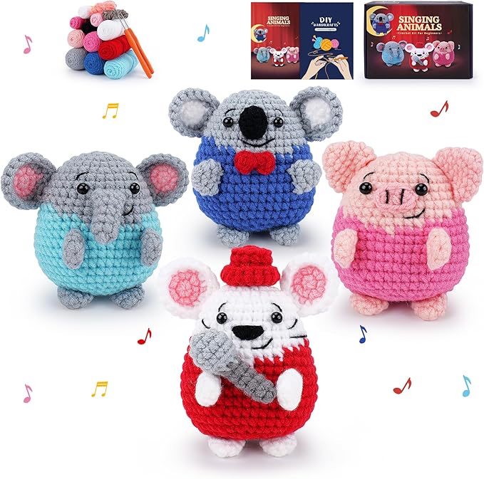 Crochet Kit for Beginners - 4 PCS Crochet Starter Kit with Step-by-Step Video Tutorials, for Adults Kids - Elephant Mouse Pig Koala Microphone Crocheting Set