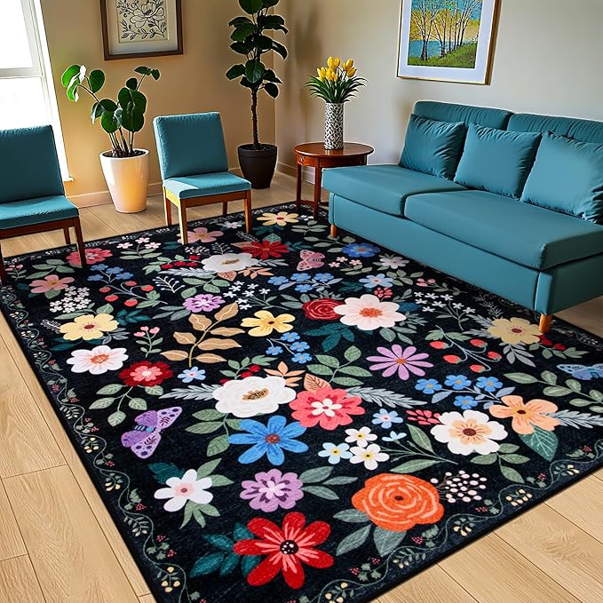 8x10 Area Rugs for Living Room: Washable Rug Vintage Large Soft Boho Floral Non-Slip Carpet Indoor Floor Stain Resistant Thin Carpets for Bedroom Dining Room Farmhouse Nursery Home Office Black