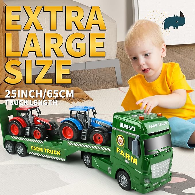 Dwi Dowellin Large Flatbed Semi Truck Toy for Kids,Includes Farm Vehicles,Car Toy Birthday Gift for 2 3 4 5 Years Old Boys and Girls