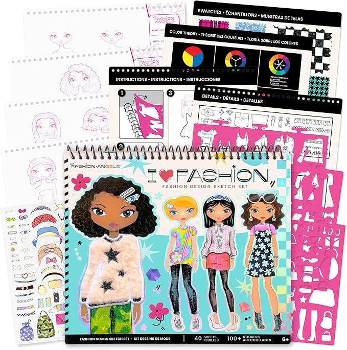 Fashion Angels I Love Fashion Sketch Portfolio, Includes Sketch Pad with Stencils & Stickers, Fashion Design Sketch Book for Girls, Ideal Drawing Kit for Kids