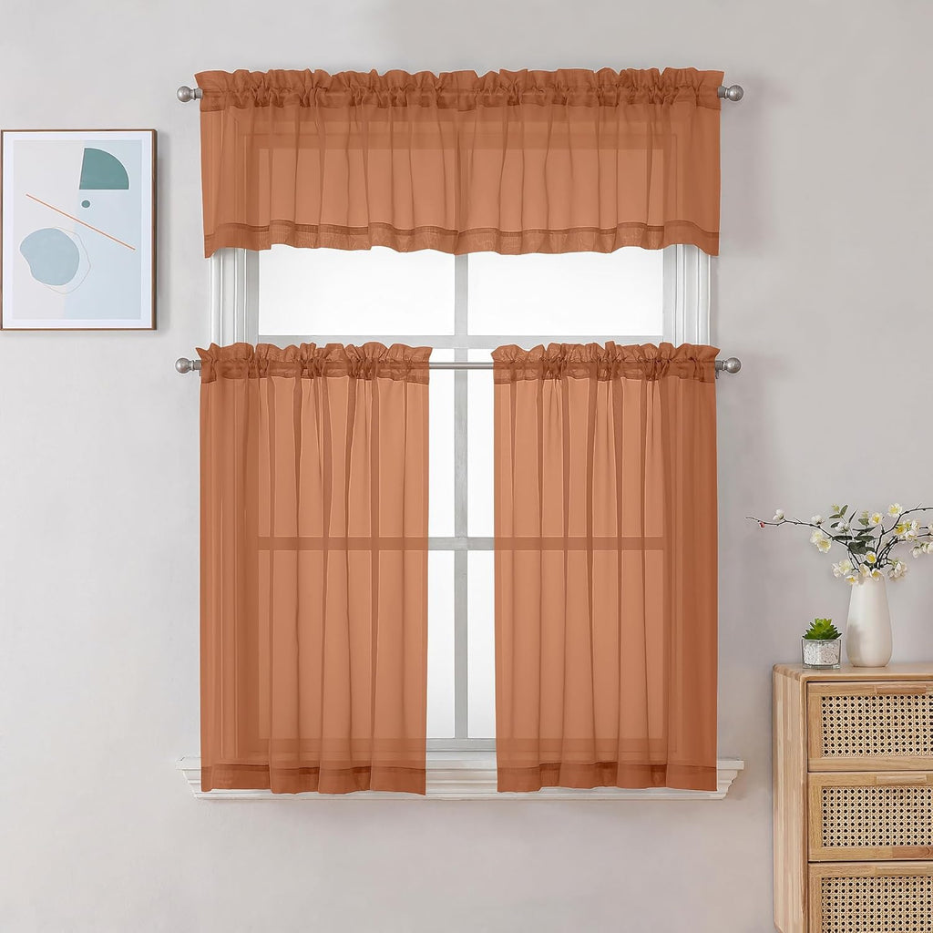 Chyhomenyc Sheer Valances for Windows 2 Pack, Small Window Curtains for Living Room Bathroom Cafe Laundry Basement, Modern Top Dual Rod Pocket Voile Curtain, 42W x 18L inches, Orange