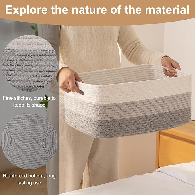 Large Storage Basket for Organizing, Woven Rope Basket for Shelves, Closet Organizer Bins for Clothes, Blanket, Toys, Baby Nursery Storage, 17.7" x 13" x 7.87", 3 Packs Gradient Grey