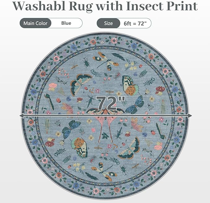 6ft Washable Round Rug - Bug Rugs for Living Room Non-Slip Low Pile Soft Ultra-Thin Machine Washable Circle Carpet for Bedroom, Entryway, Nursery, Kitchen, Home Office (6' Round Blue)
