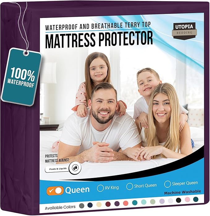 Utopia Bedding Waterproof Mattress Protector Queen Size, Premium Terry Mattress Cover 200 GSM, Breathable, Fitted Style with Stretchable Pockets (Purple)