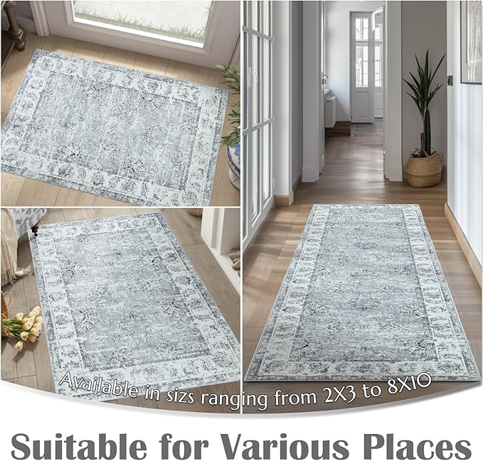 jinchan Runner Rug 2x5 Washable Hallway Runner- Vintage Floral Non Slip Low-Pile Soft Thin Kitchen Rug Distressed Carpet for Farmhouse Bedroom Entryway Laundry Room(2x5ft,Grey)