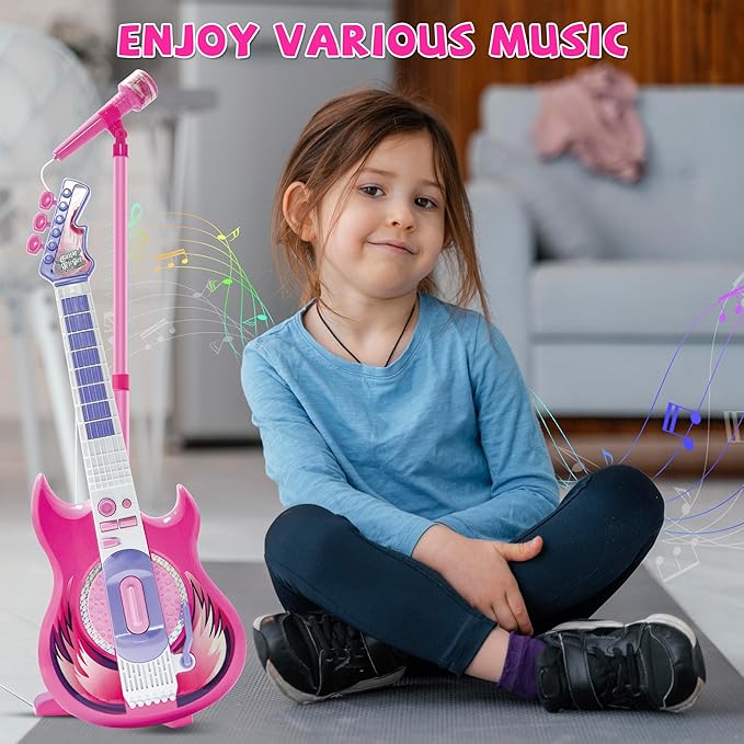 Contixo TG4 Musical Guitar and Microphone Set for Kids, Purple Electric Guitar Toys Starter Kit with Adjustable Height Microphone Stand, Karaoke Toy for Girls, Boys, Toddlers Christmas Birthday Gift