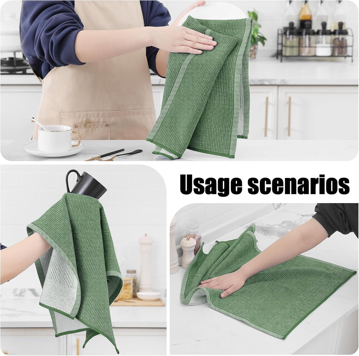 Homaxy Premium Kitchen Towels(18”x 28”, 12 Pack), Large Cotton Kitchen Hand Towels, Flat and Terry Dish Towels, 380 GSM Highly Absorbent Tea Towel Set with Hanging Loop, Grass Green