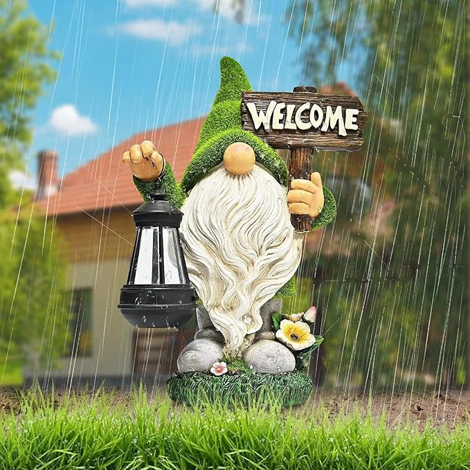 Garden Gnome Statue Outdoor Decor Large Flocked Resin Gnome Figurine with Solar Light Holding Lantern Welcome Sign Garden Yard Decorations Dwarf Sculpture for Outside Patio Porch Lawn Decor.