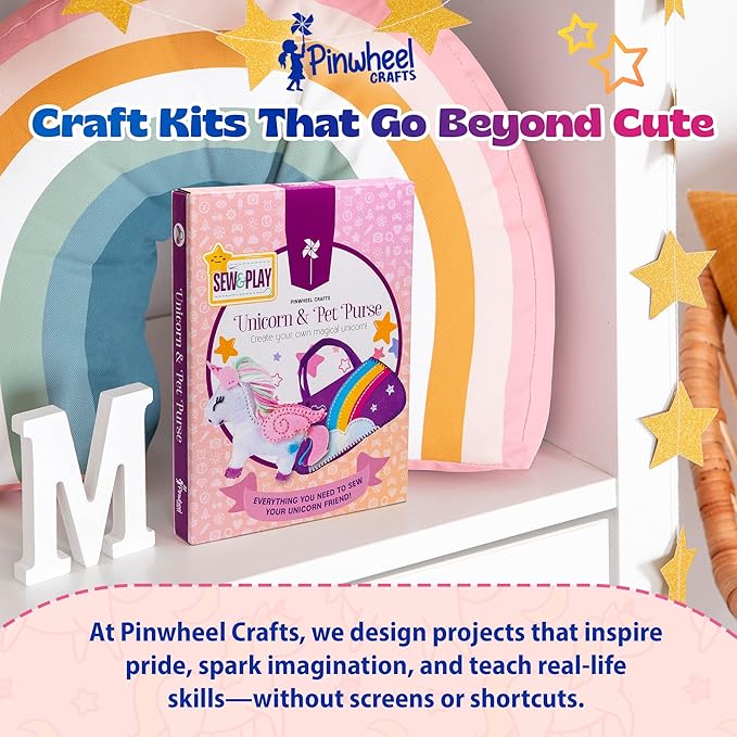 Pinwheel Crafts Beginner Sewing Kit for Kids Ages 5 6 7 8-12+ - Make Your Own Unicorn Purse Kids Sewing Kit - Play & Learn to Sew Craft Box, Girls & Boys Birthday Gifts