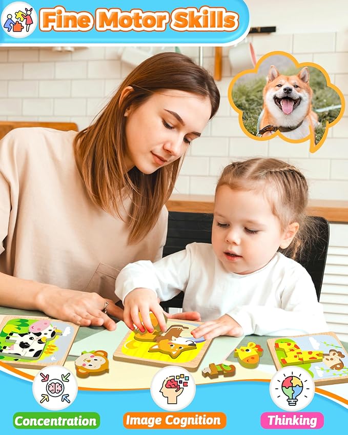 Benresive Wooden Toddler Puzzles, 6pcs Animal Montessori Toys for 1-3 Year Old Boys & Girls, Learning Educational Preschool Toys, Great Gifts for 1 2 3 Year Olds