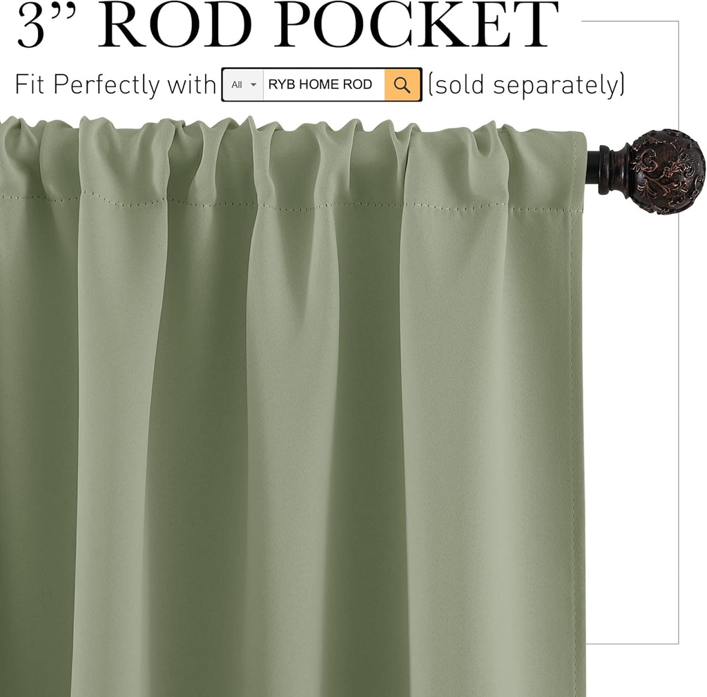 RYB HOME Sage Green 63 inch Curtains for Living Room, Blackout Window Drapes Light Blocking and Noise Reducing Panels for Boys Bedroom Nursery, W 42 x L 63 inchs, Set of 2, Sage Green