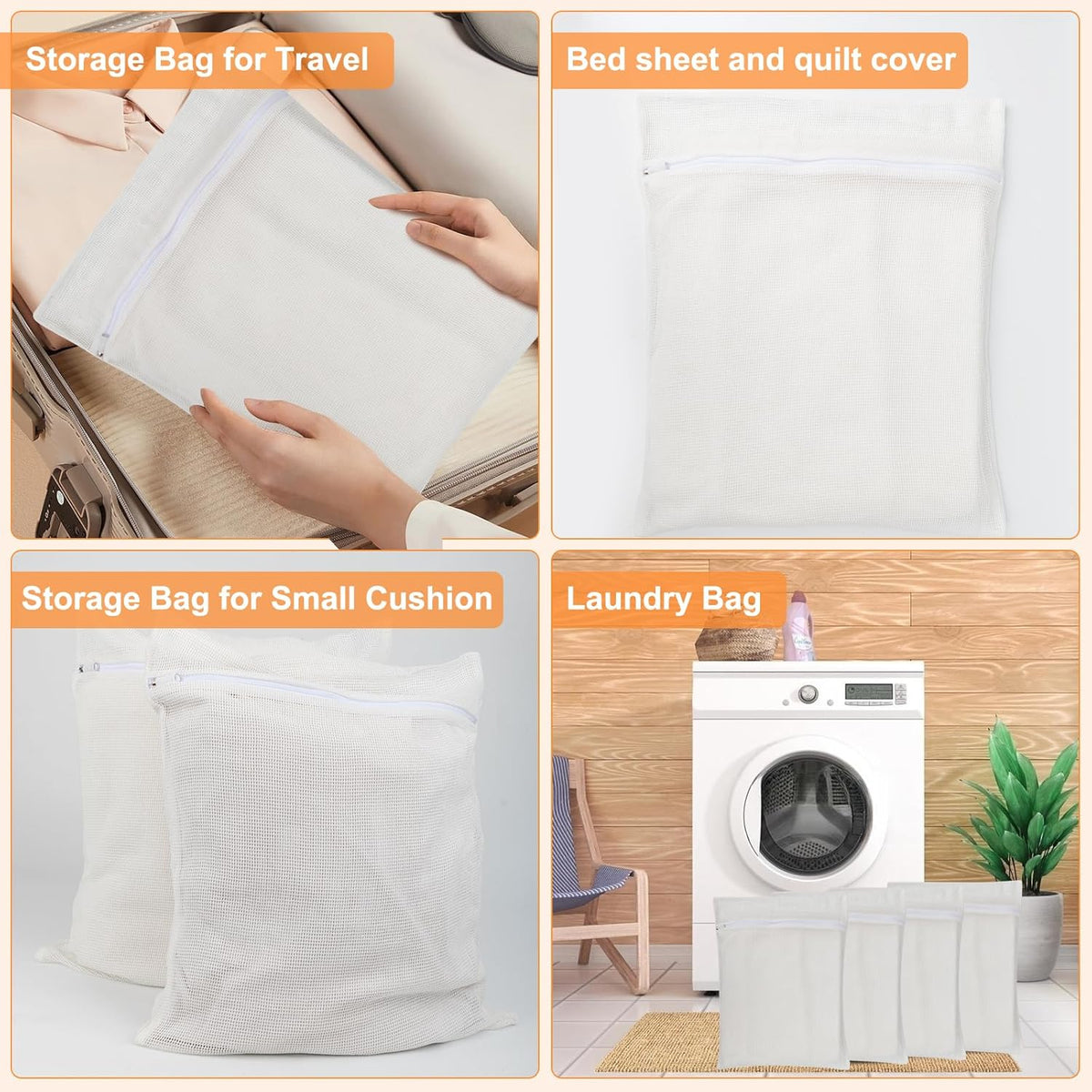 4-Piece White Large Durable Organic Cotton Mesh Laundry Bags with Sturdy Zippers and Breathable Mesh are Delicate Laundry Bags for Underwear, Clothes, Pants and Socks