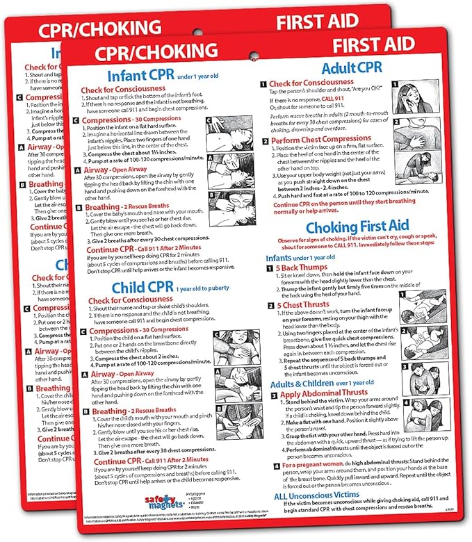 Safety Magnets by ZOCO – CPR & Choking Fridge Magnet (2-Pack) – First Aid Instructions for Infants, Children, & Adults – Heimlich Maneuver Laminated Card 8.5" x 11"