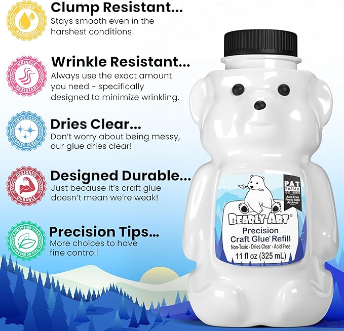Bearly Art Precision Craft Glue 11fl oz Refill - Archival Acid Free - Dries Clear - Wrinkle Resistant - Flexible and Crack Resistant - Strong Hold Designed Tough - Made in USA