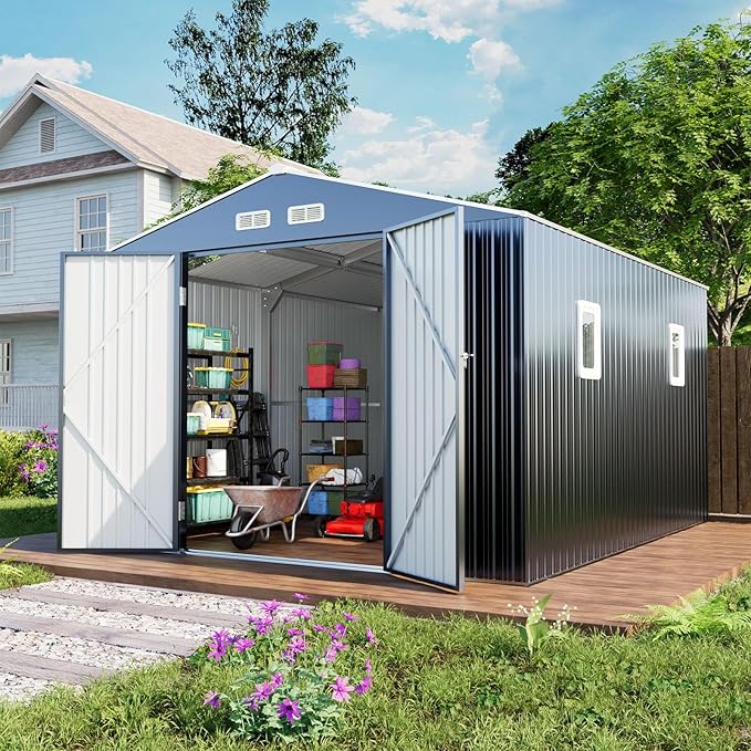 10x12 Metal Shed with Floor Frame Kit & Reinforced Construction - Translucent Roof Panels for Natural Light, Lockable Doors,Vents,Windows, Weatherproof Garden/Backyard/Patio Outdoor Storage