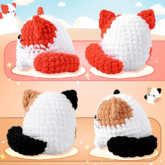 Cat Crochet Kit for Beginners-2PCS Calico Cats Crochet Kits for Adults Kids, Crochet Starter Kit with Step-by-Step Video Tutorials,Crochet Animal Kits Knitting Kit Learn to Crochet Kits